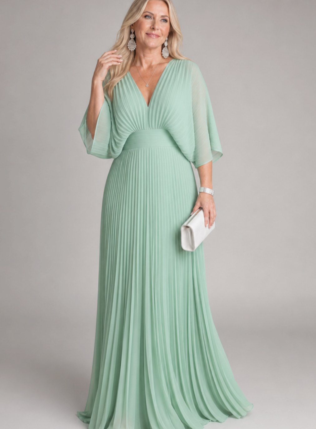 Women's V-Neck Pleated Cape-Sleeve Maxi Party Dress - Green