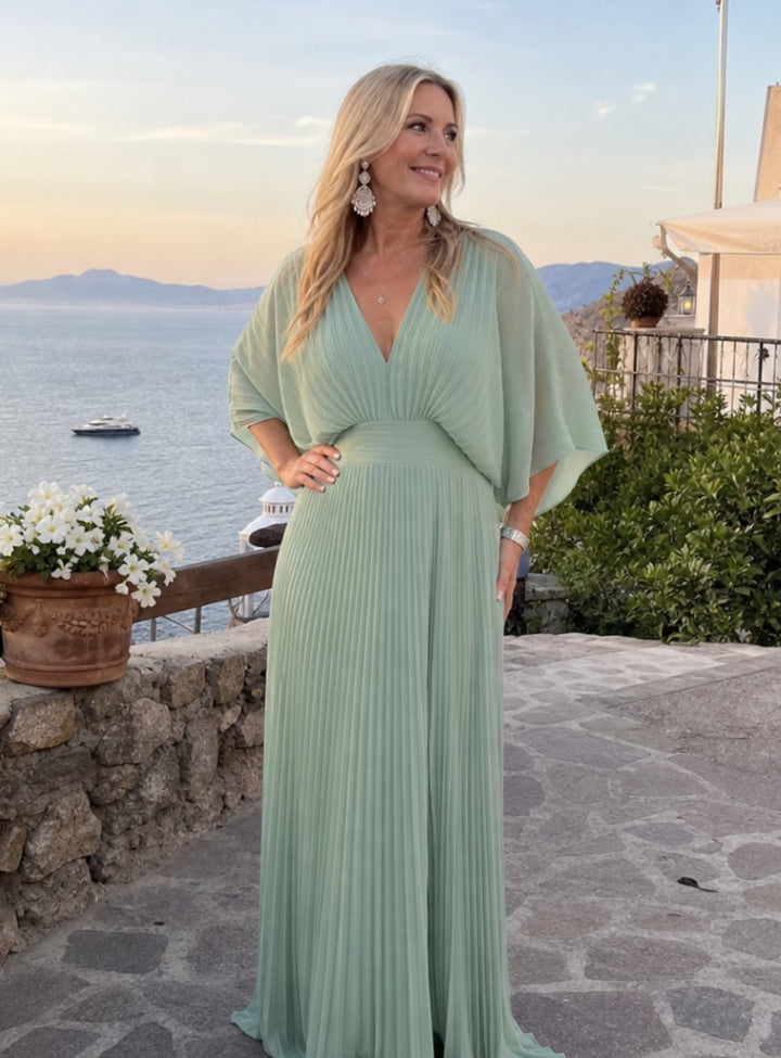 Women's V-Neck Pleated Cape-Sleeve Maxi Party Dress