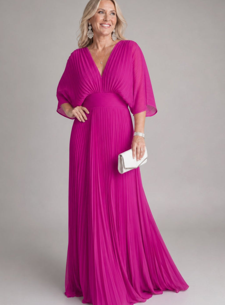 Women's V-Neck Pleated Cape-Sleeve Maxi Party Dress - Pink
