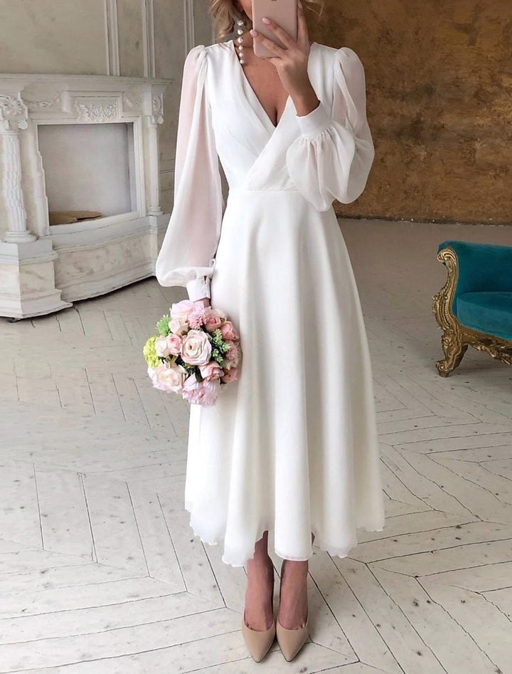Women's V-Neck Puff Sleeve Long Sleeve Dress Midi Bridal - White