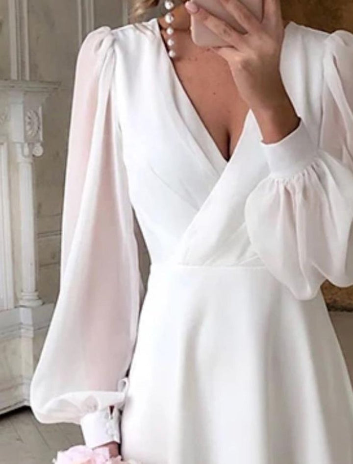 Women's V-Neck Puff Sleeve Long Sleeve Dress Midi Bridal