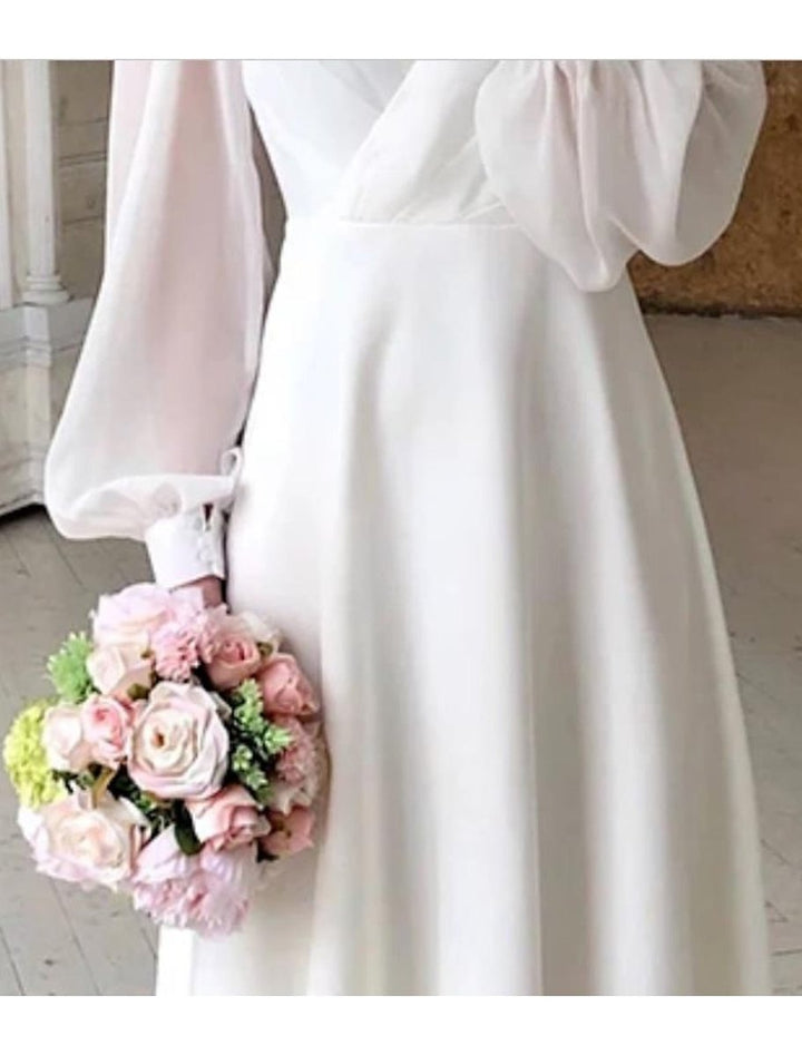 Women's V-Neck Puff Sleeve Long Sleeve Dress Midi Bridal