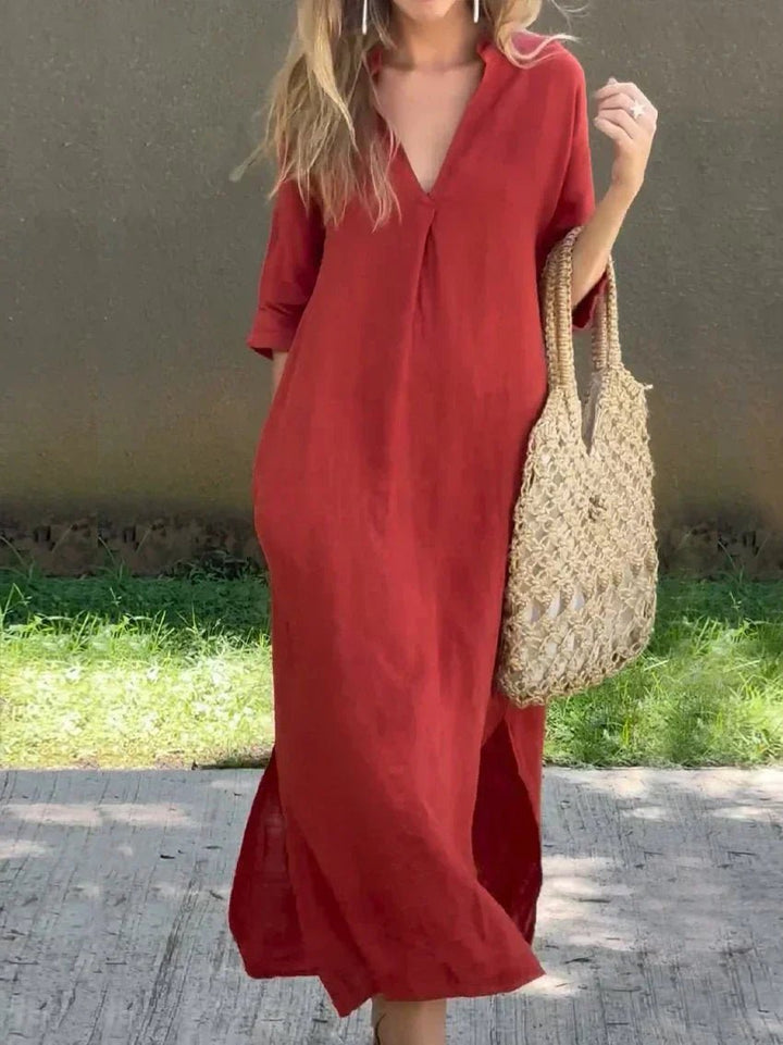 Women's V-Neck Relaxed-Fit Cotton Linen Maxi Dress - Red (Almost sold out)