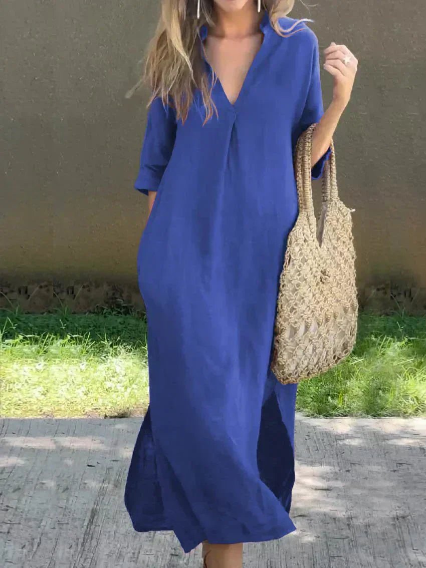 Women's V-Neck Relaxed-Fit Cotton Linen Maxi Dress - Blue