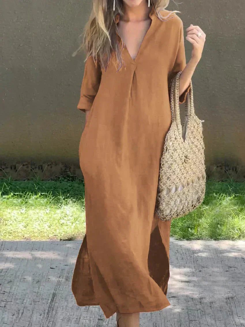 Women's V-Neck Relaxed-Fit Cotton Linen Maxi Dress - Brown