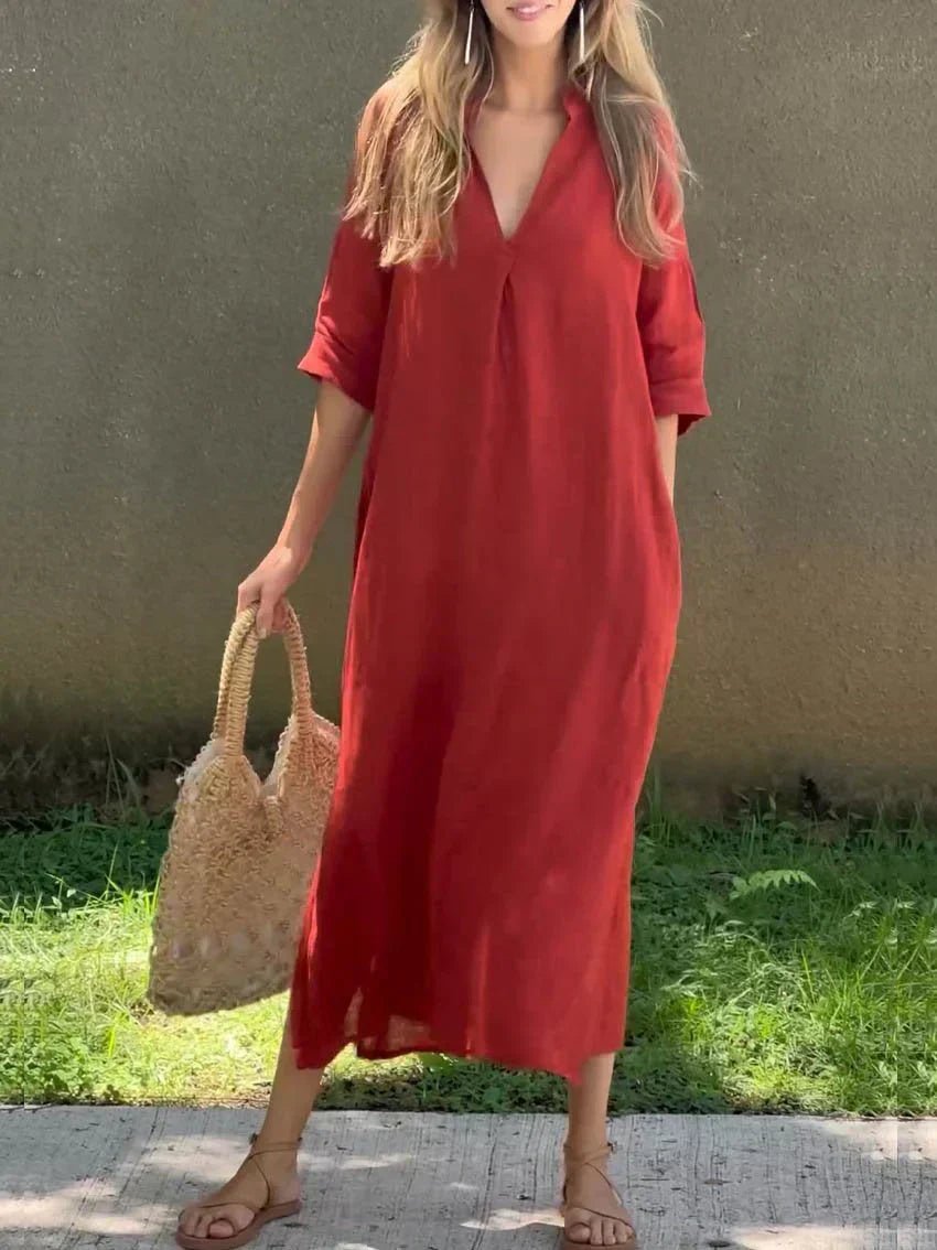 Women's V-Neck Relaxed-Fit Cotton Linen Maxi Dress