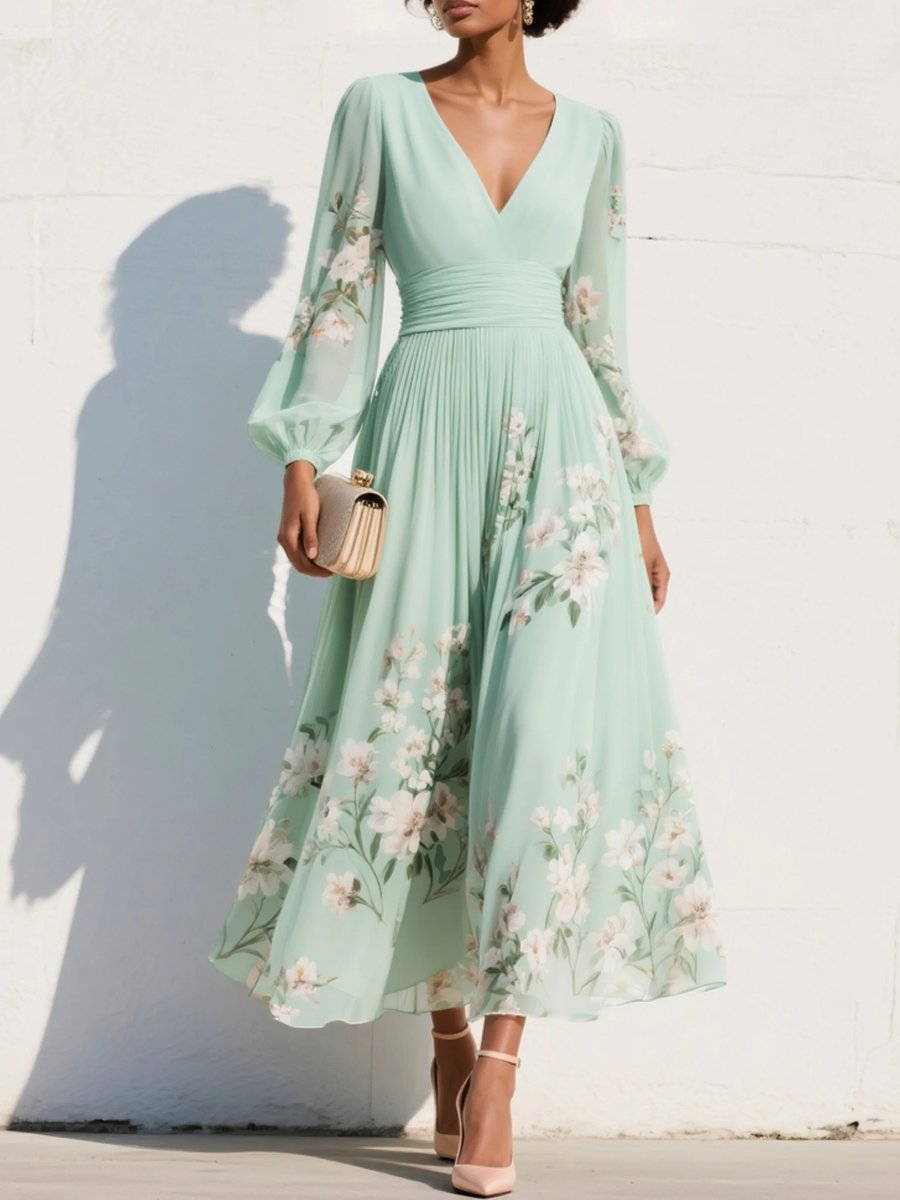 Women's V-Neck Ruched-Waist Chiffon Floral Midi Dress - Light Green