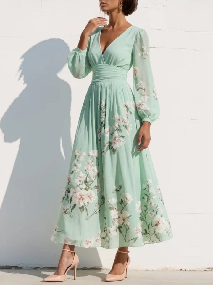 Women's V-Neck Ruched-Waist Chiffon Floral Midi Dress