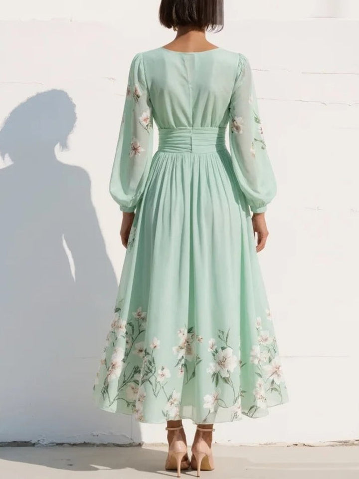 Women's V-Neck Ruched-Waist Chiffon Floral Midi Dress
