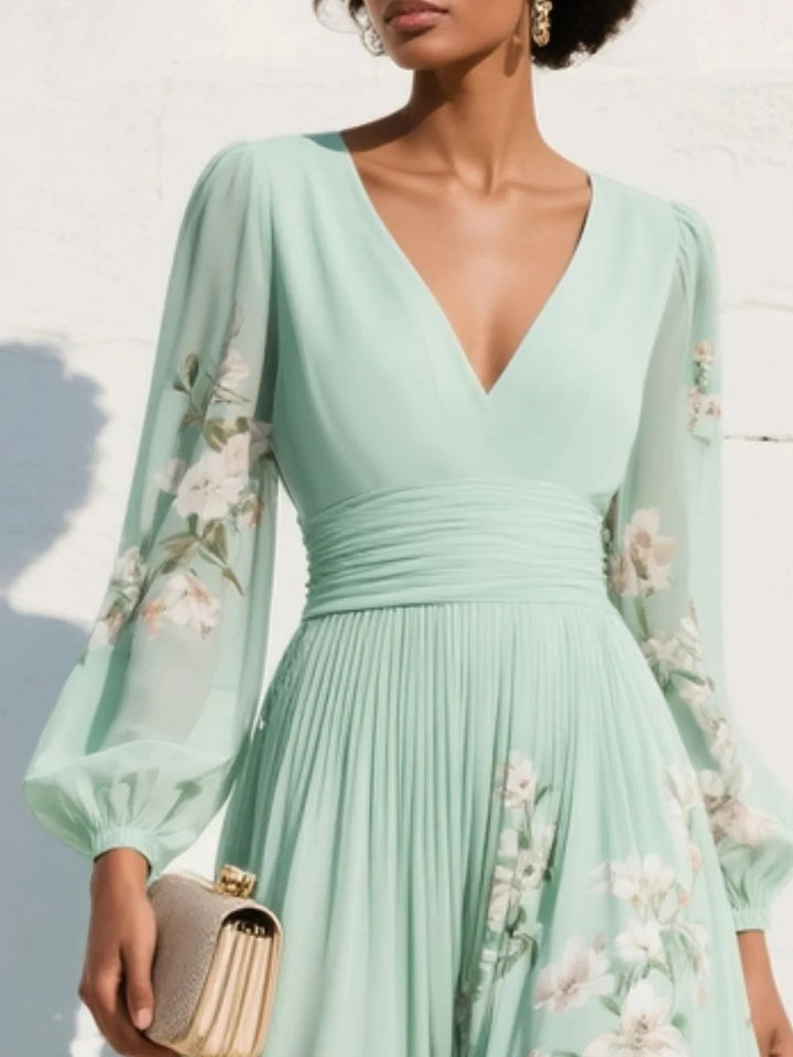 Women's V-Neck Ruched-Waist Chiffon Floral Midi Dress
