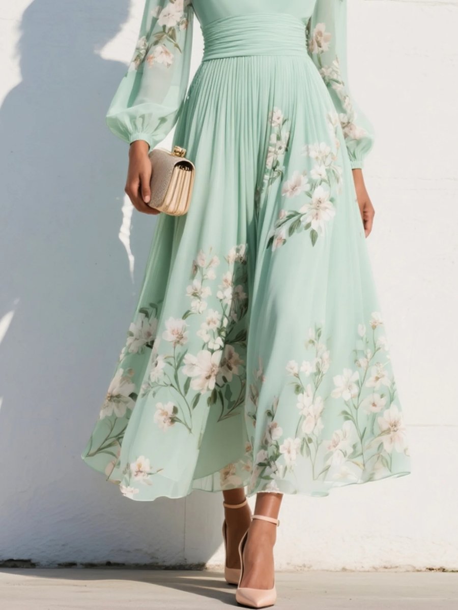 Women's V-Neck Ruched-Waist Chiffon Floral Midi Dress