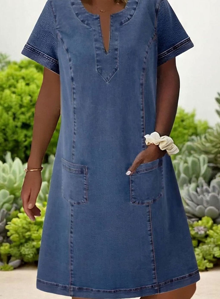 Women's V-Neck Short-Sleeve Denim Midi Party Dress with Pockets - Blue