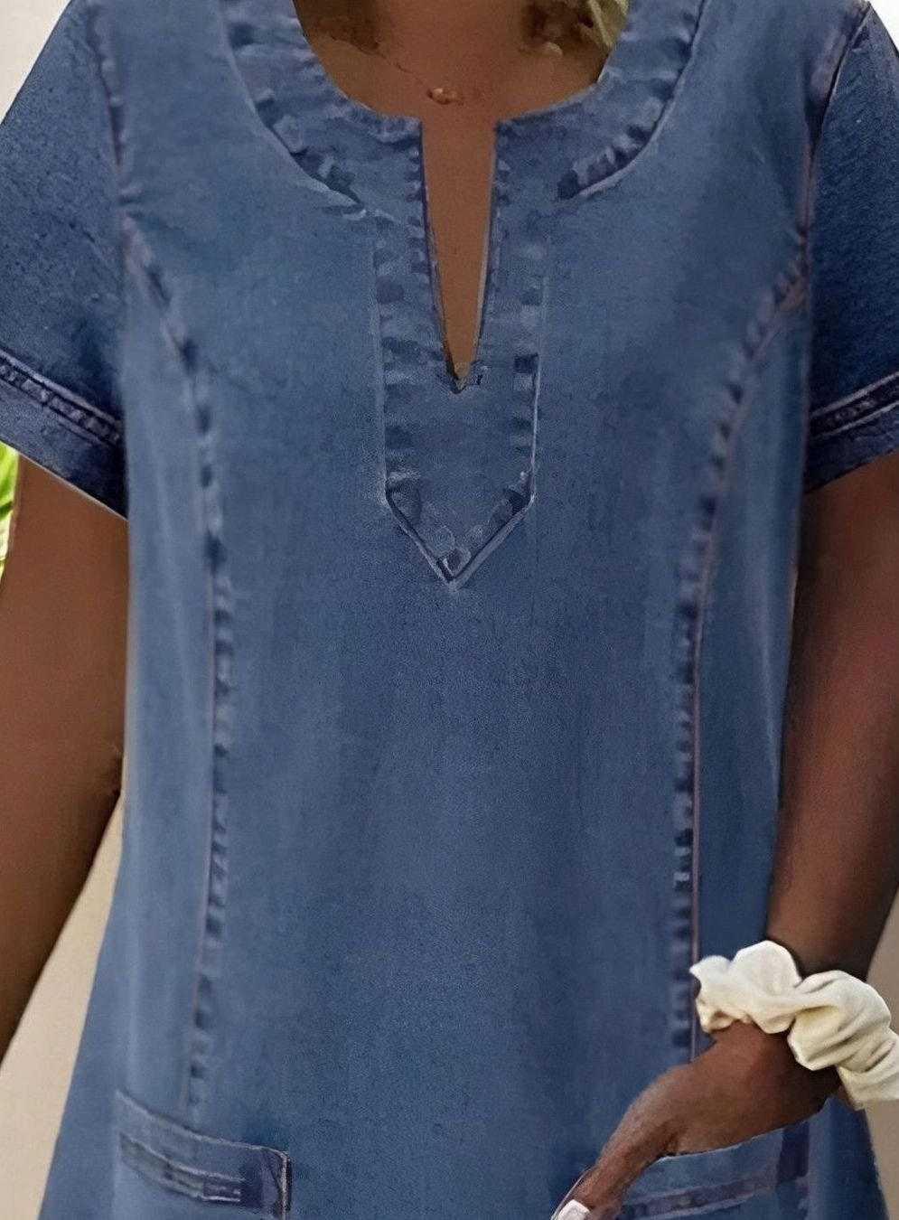 Women's V-Neck Short-Sleeve Denim Midi Party Dress with Pockets