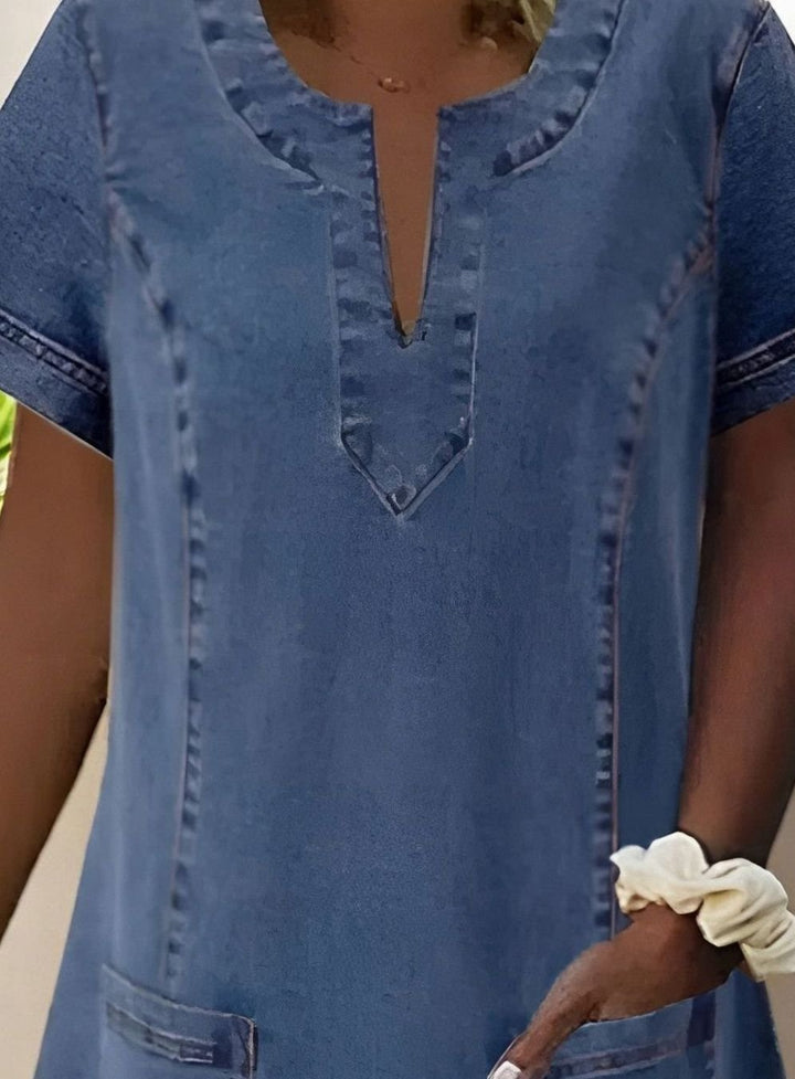Women's V-Neck Short-Sleeve Denim Midi Party Dress with Pockets