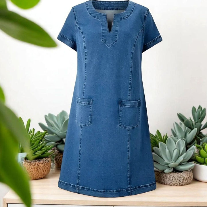 Women's V-Neck Short-Sleeve Denim Midi Party Dress with Pockets