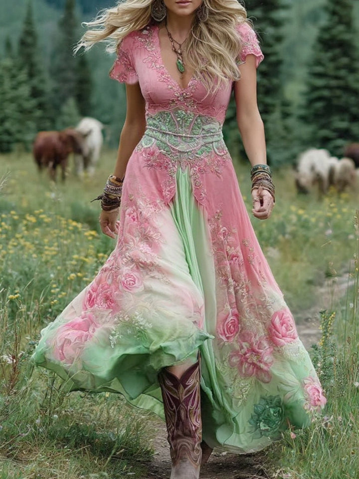 Women's V-Neck Short-Sleeve Floral Maxi Dress - Pink