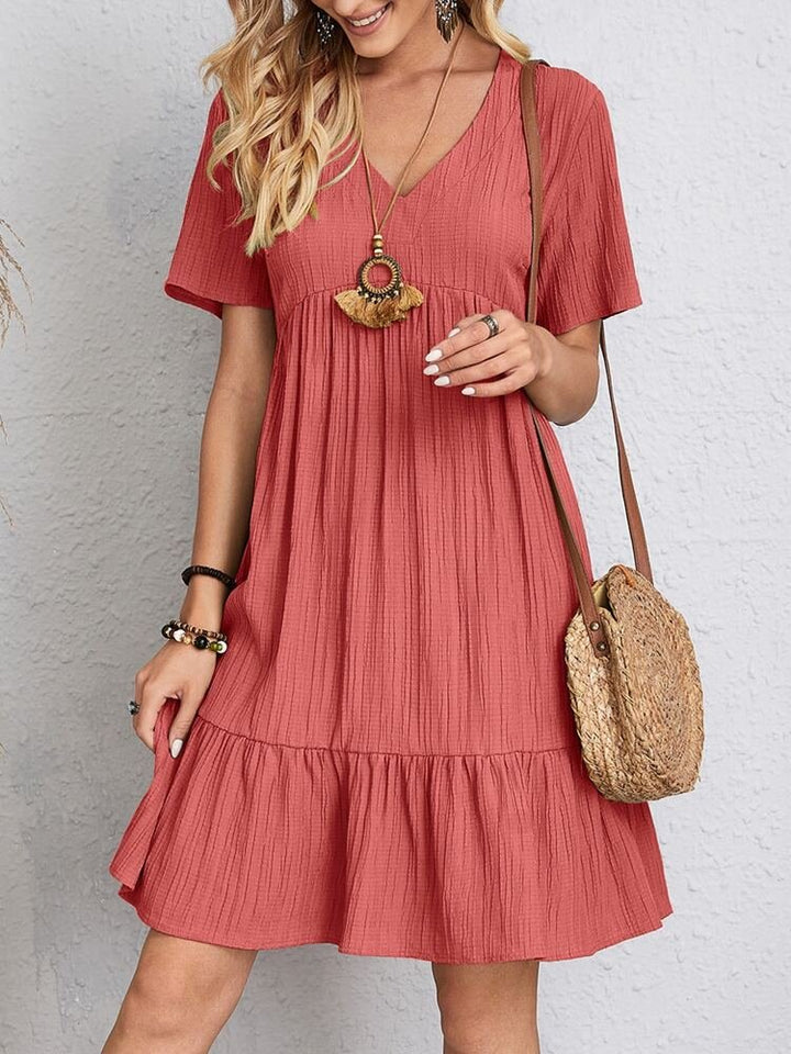 Women's V-Neck Short-Sleeve Tiered Babydoll Swing Dress - Red