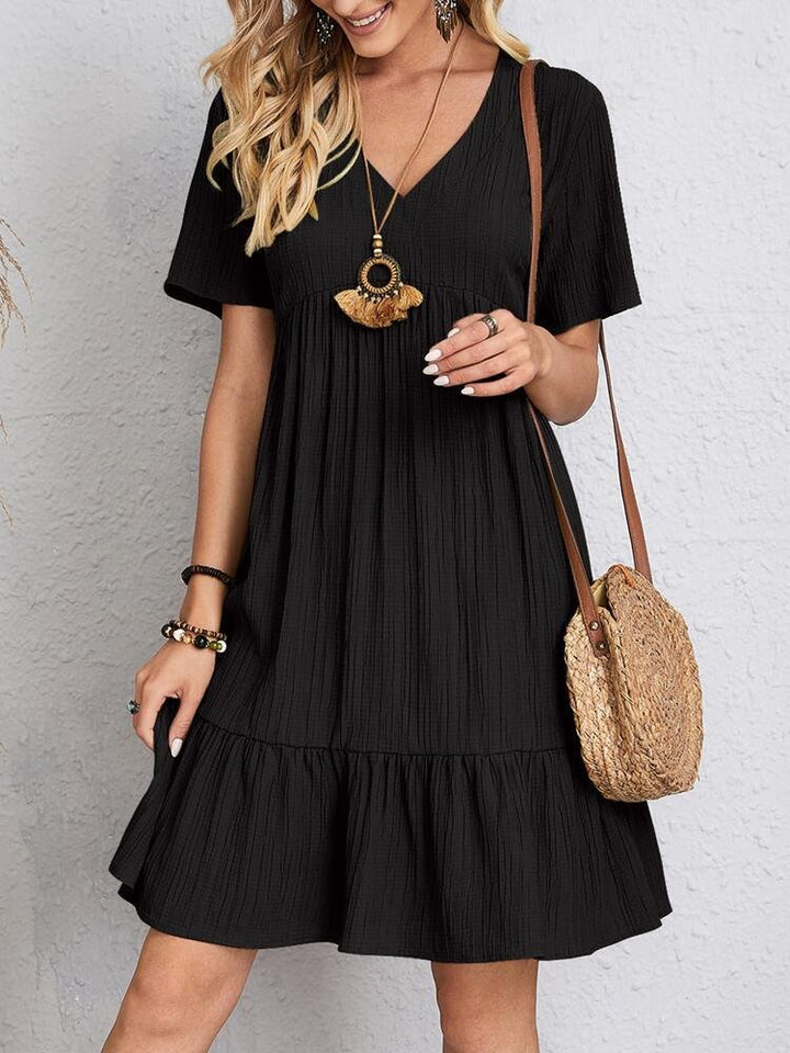 Women's V-Neck Short-Sleeve Tiered Babydoll Swing Dress - Black