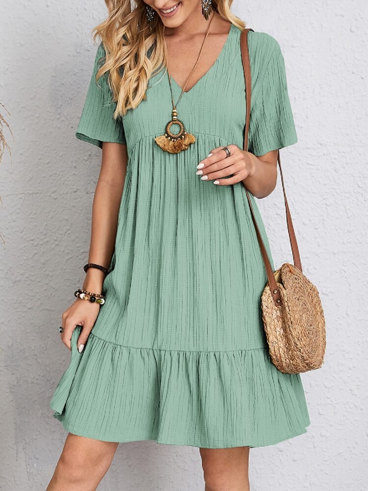 Women's V-Neck Short-Sleeve Tiered Babydoll Swing Dress - Light Green