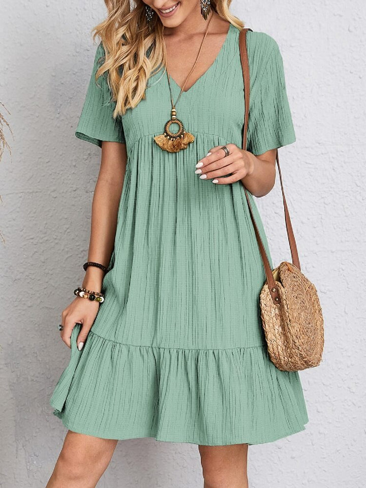 Women's V-Neck Short-Sleeve Tiered Babydoll Swing Dress - Light Green
