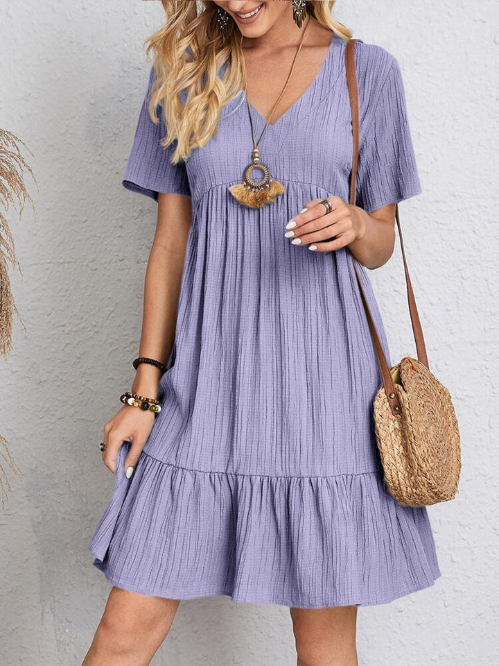 Women's V-Neck Short-Sleeve Tiered Babydoll Swing Dress - Purple