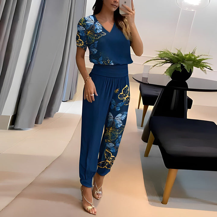 Women's V-Neck Short Sleeve Wide Leg Two-Piece Set - Blue