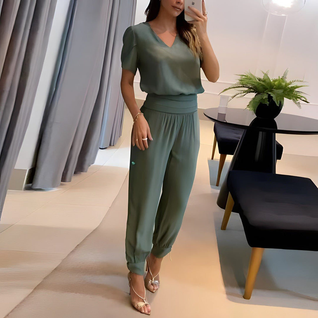 Women's V-Neck Short Sleeve Wide Leg Two-Piece Set - Olive Green