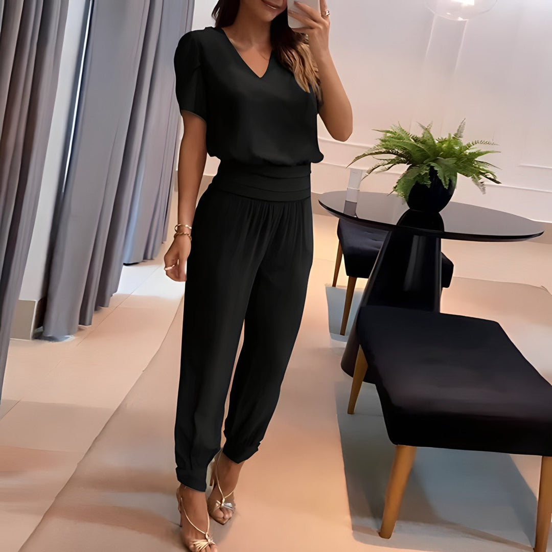 Women's V-Neck Short Sleeve Wide Leg Two-Piece Set - Black