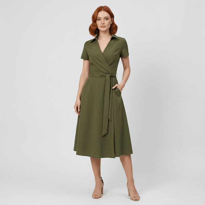 Women's V-Neck Wrap-Style A-Line Midi Dress Waist Tie - Olive Green