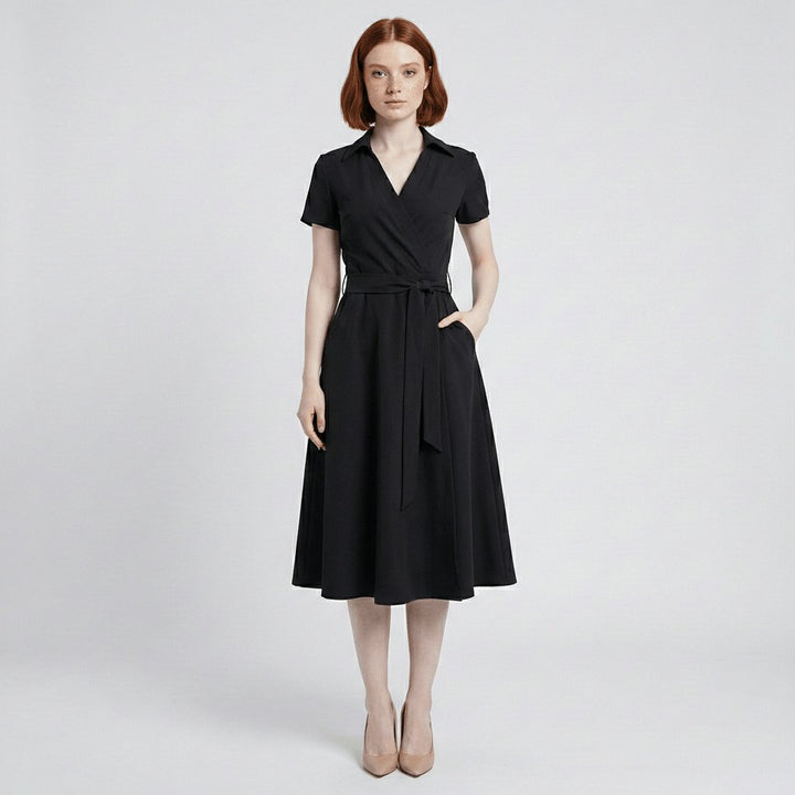 Women's V-Neck Wrap-Style A-Line Midi Dress Waist Tie - Deep Black