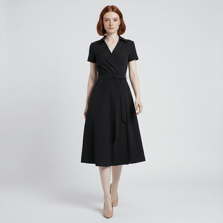 Women's V-Neck Wrap-Style A-Line Midi Dress Waist Tie