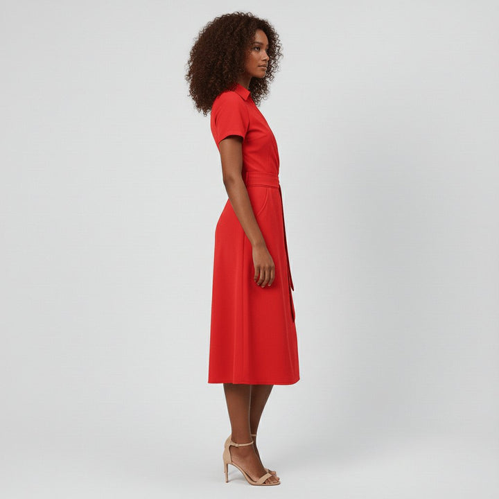 Women's V-Neck Wrap-Style A-Line Midi Dress Waist Tie