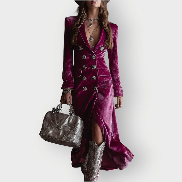 Women's Velvet Double-Breasted Maxi Formal Dresses Long Sleeve - Purple