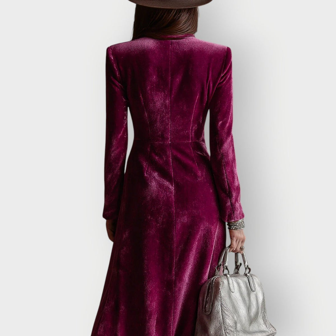 Women's Velvet Double-Breasted Maxi Formal Dresses Long Sleeve