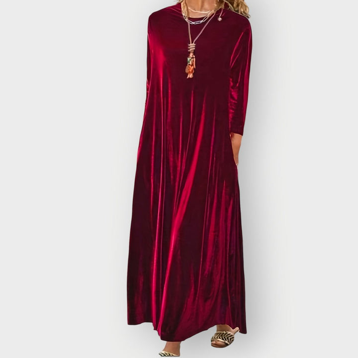Women's Velvet Maxi Formal Dresses Long Sleeve A-Line Evening Gown - Burgundy