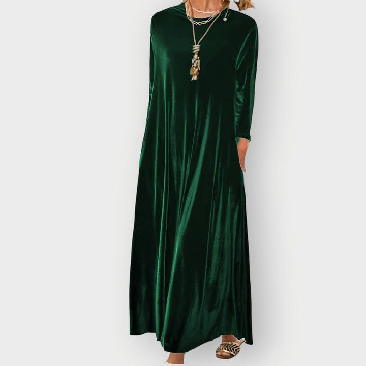 Women's Velvet Maxi Formal Dresses Long Sleeve A-Line Evening Gown - Dark Green