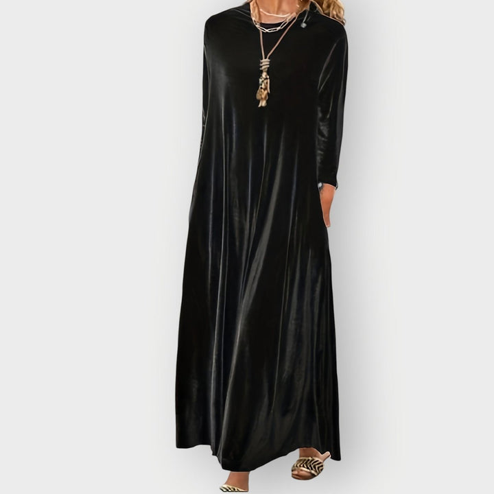 Women's Velvet Maxi Formal Dresses Long Sleeve A-Line Evening Gown - Black