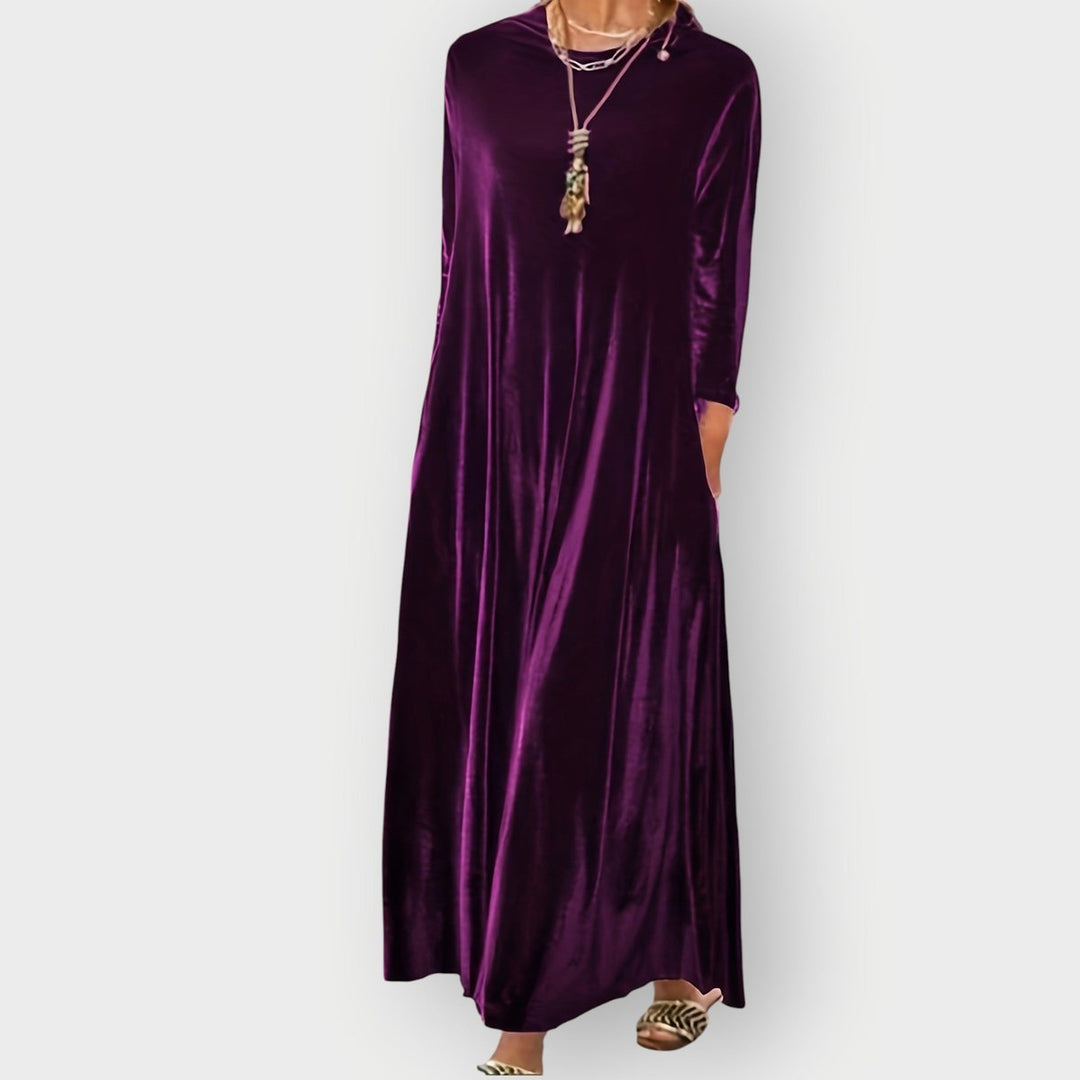 Women's Velvet Maxi Formal Dresses Long Sleeve A-Line Evening Gown - Purple