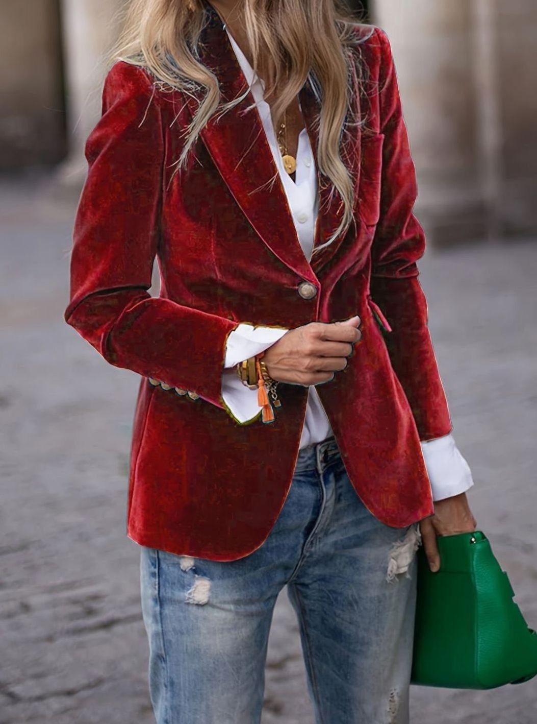 Women's Velvet Single-Button Casual Blazer Tailored Jacket - Dark Red