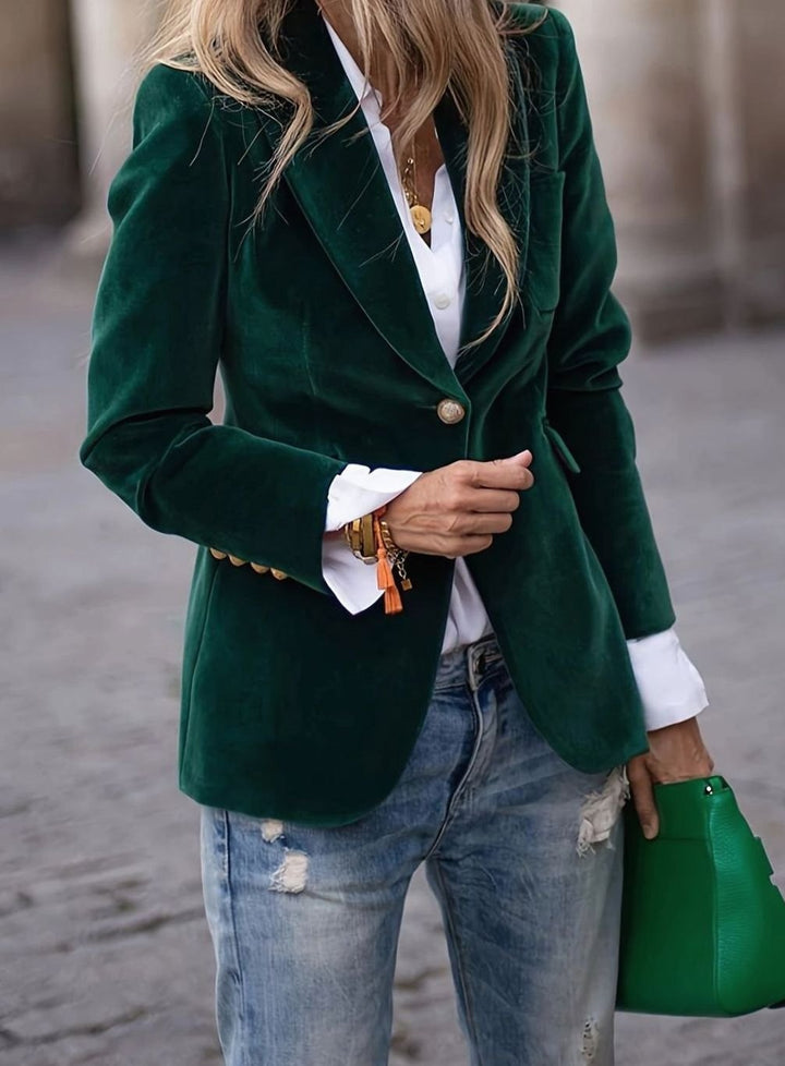 Women's Velvet Single-Button Casual Blazer Tailored Jacket - Dark Green