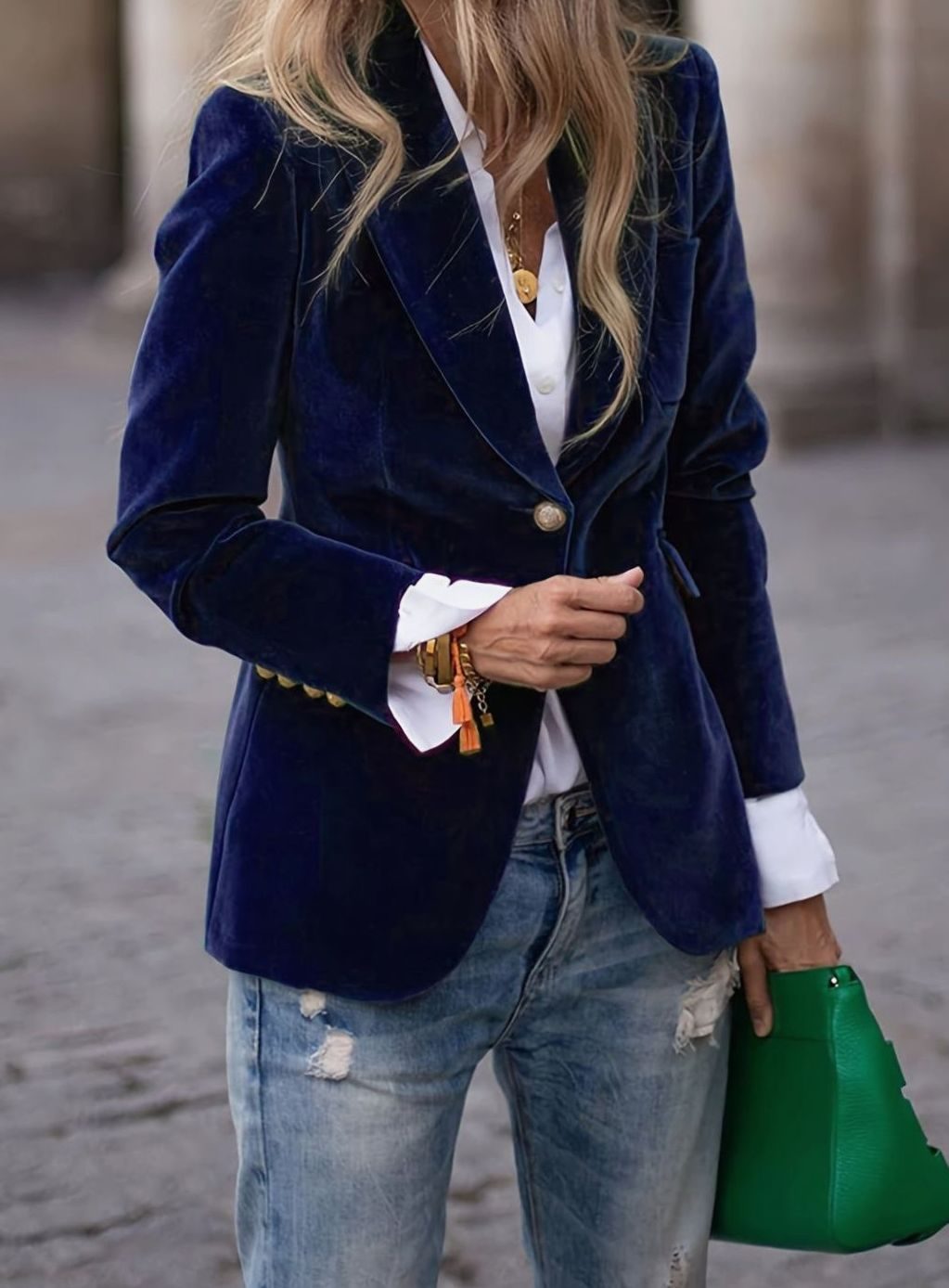 Women's Velvet Single-Button Casual Blazer Tailored Jacket - Navy Blue