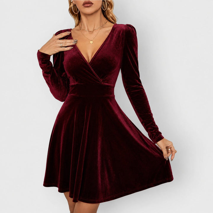 Women's Velvet Skater Formal Dresses Deep V-Neck Long Sleeve - Red