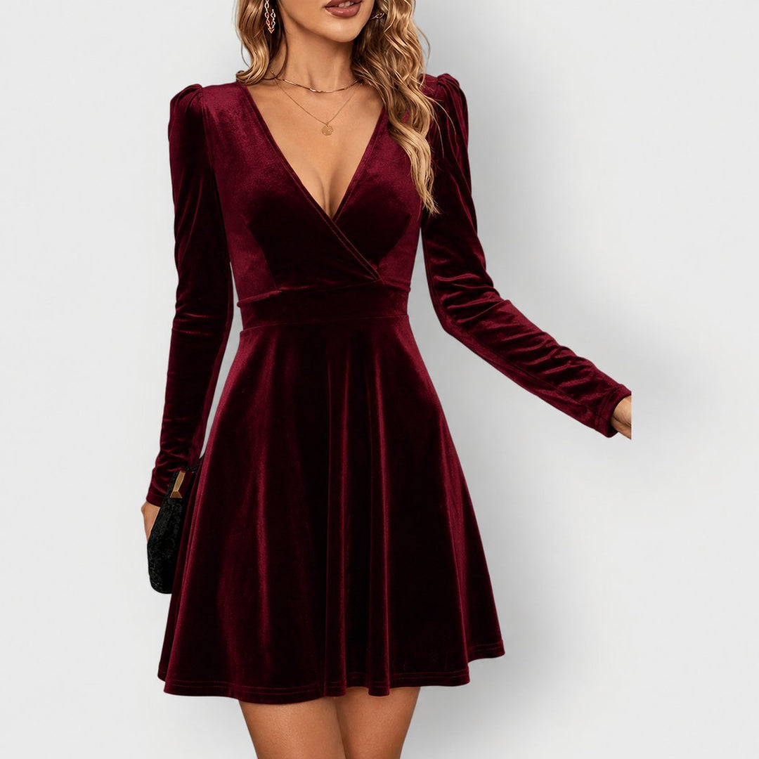 Women's Velvet Skater Formal Dresses Deep V-Neck Long Sleeve