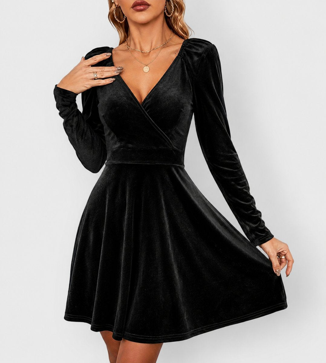 Women's Velvet Skater Formal Dresses Deep V-Neck Long Sleeve - Black
