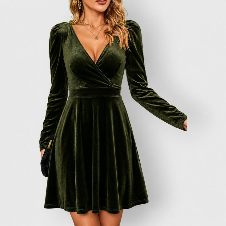 Women's Velvet Skater Formal Dresses Deep V-Neck Long Sleeve