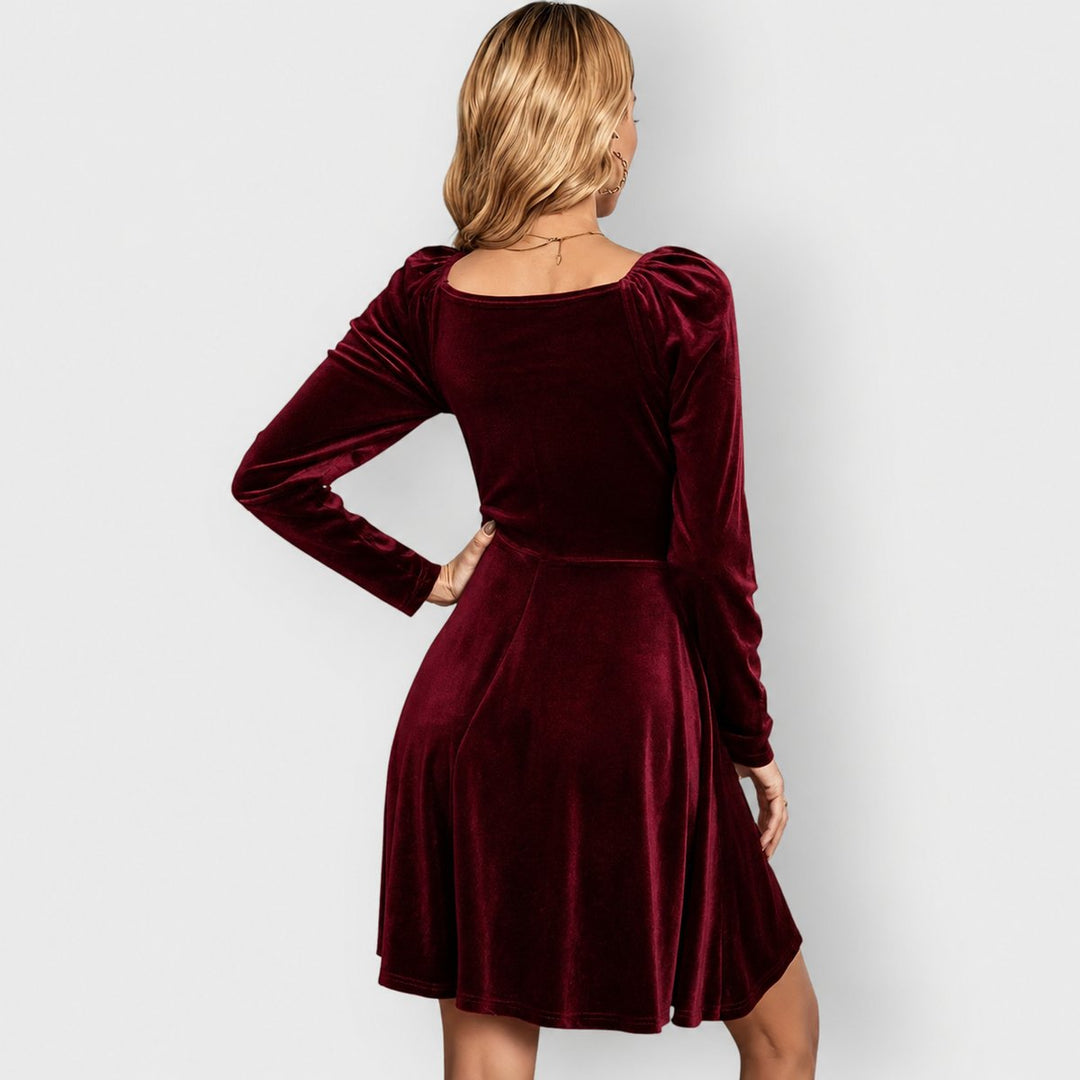 Women's Velvet Skater Formal Dresses Deep V-Neck Long Sleeve