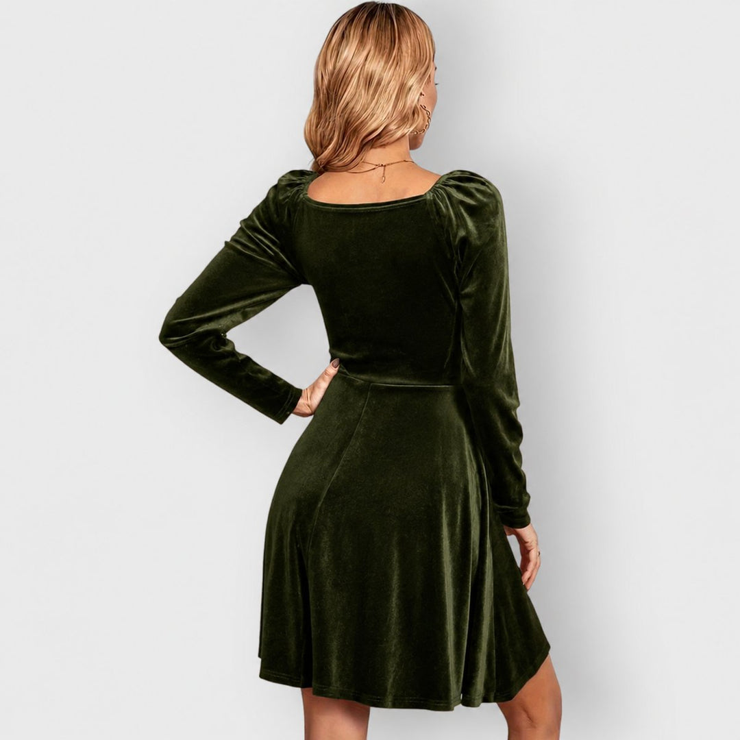 Women's Velvet Skater Formal Dresses Deep V-Neck Long Sleeve