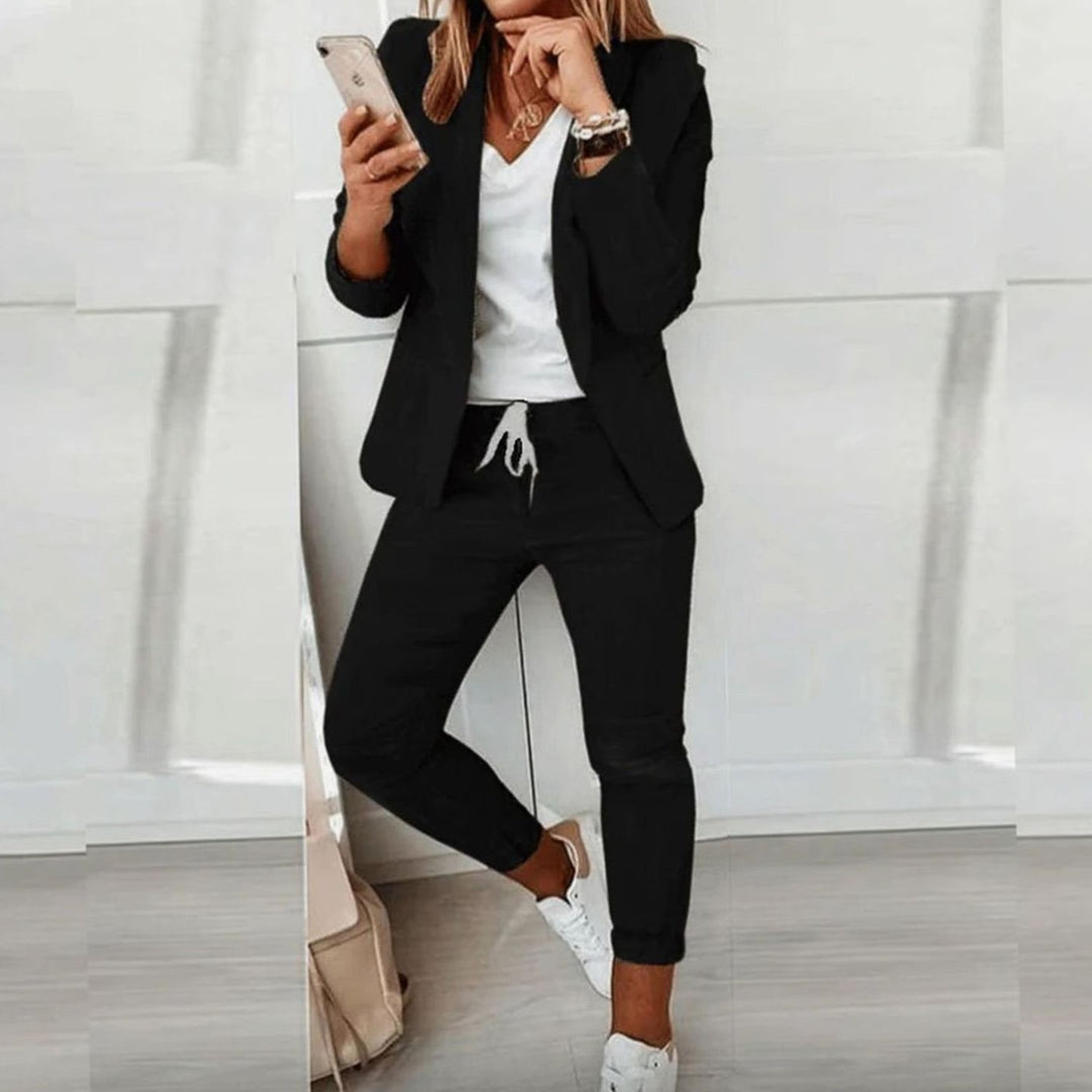 Women's Versatile Blazer Jogger Trouser Two-Piece Set - Black