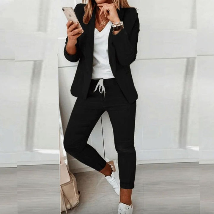 Women's Versatile Blazer Jogger Trouser Two-Piece Set - Black
