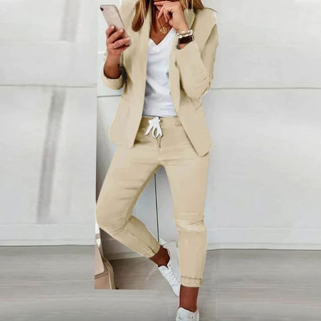 Women's Versatile Blazer Jogger Trouser Two-Piece Set - Beige